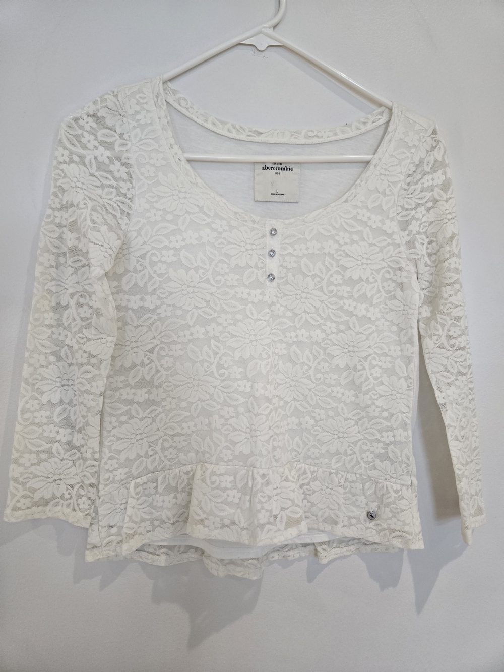 Abercrombie & Fitch White Floral Lace Peplum Henley Top